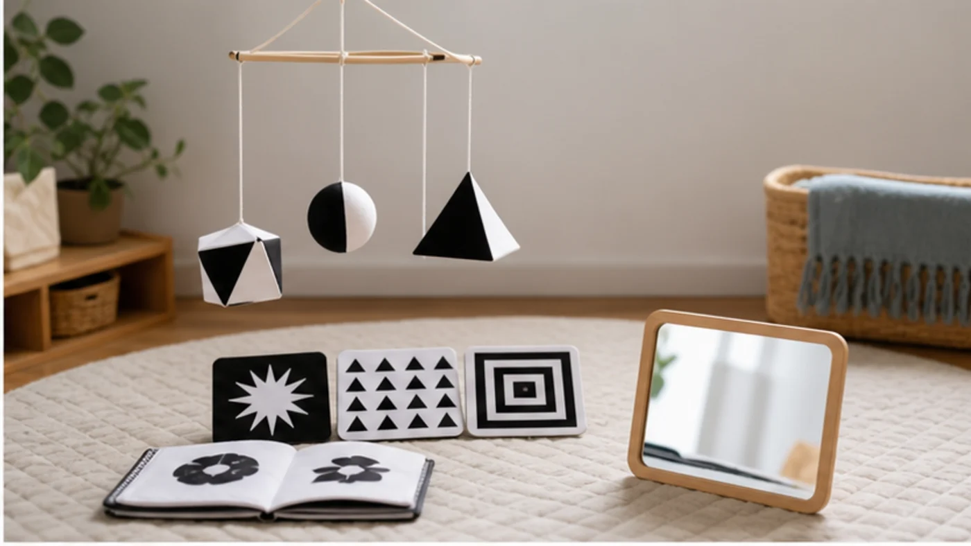 A calm 0-3 month Montessori visual setup with black-and-white cards, soft book, mobile, and baby-safe mirror