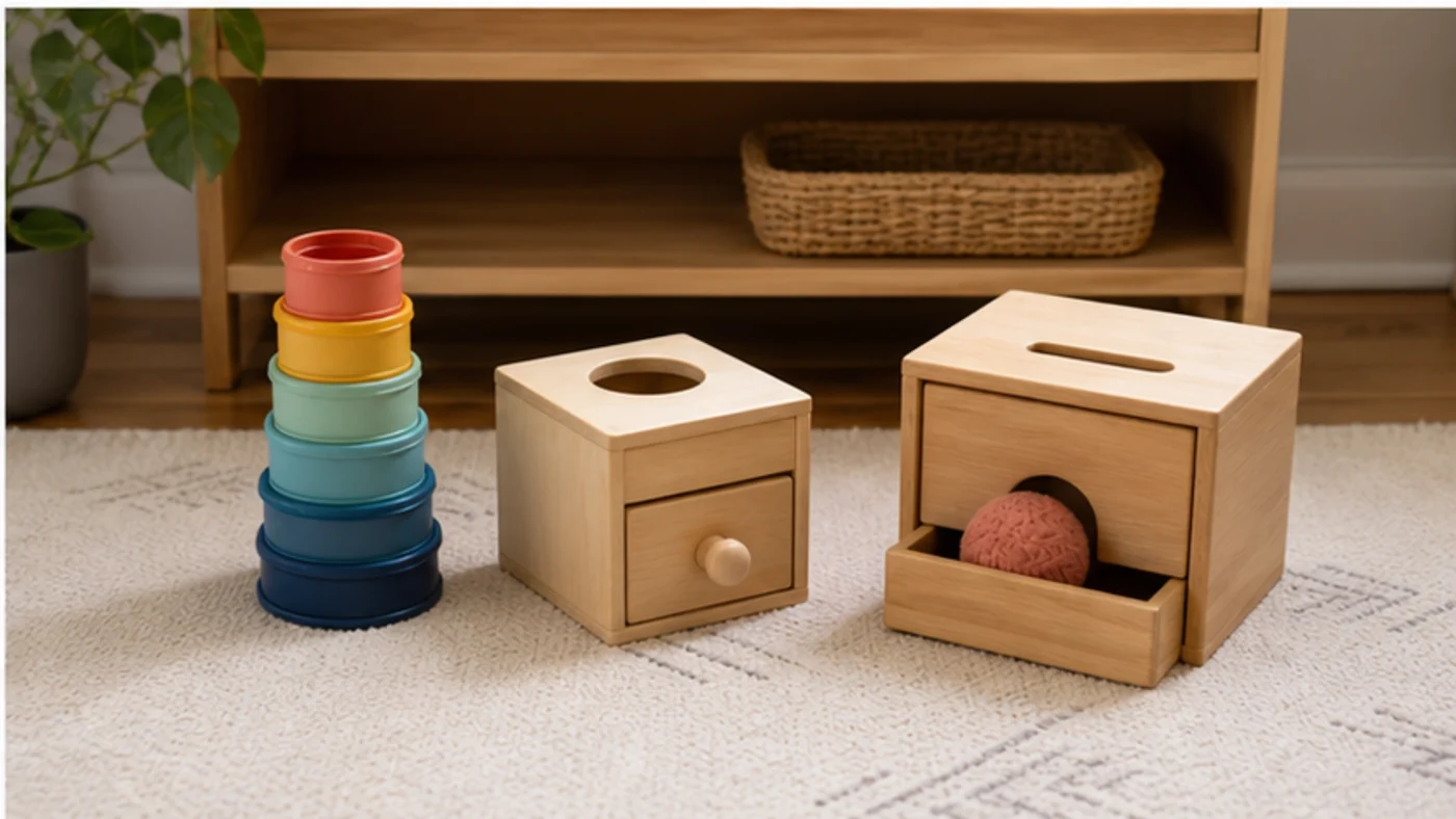 A 9-12 month Montessori setup with stacking cups, object permanence box, posting box, and low shelf