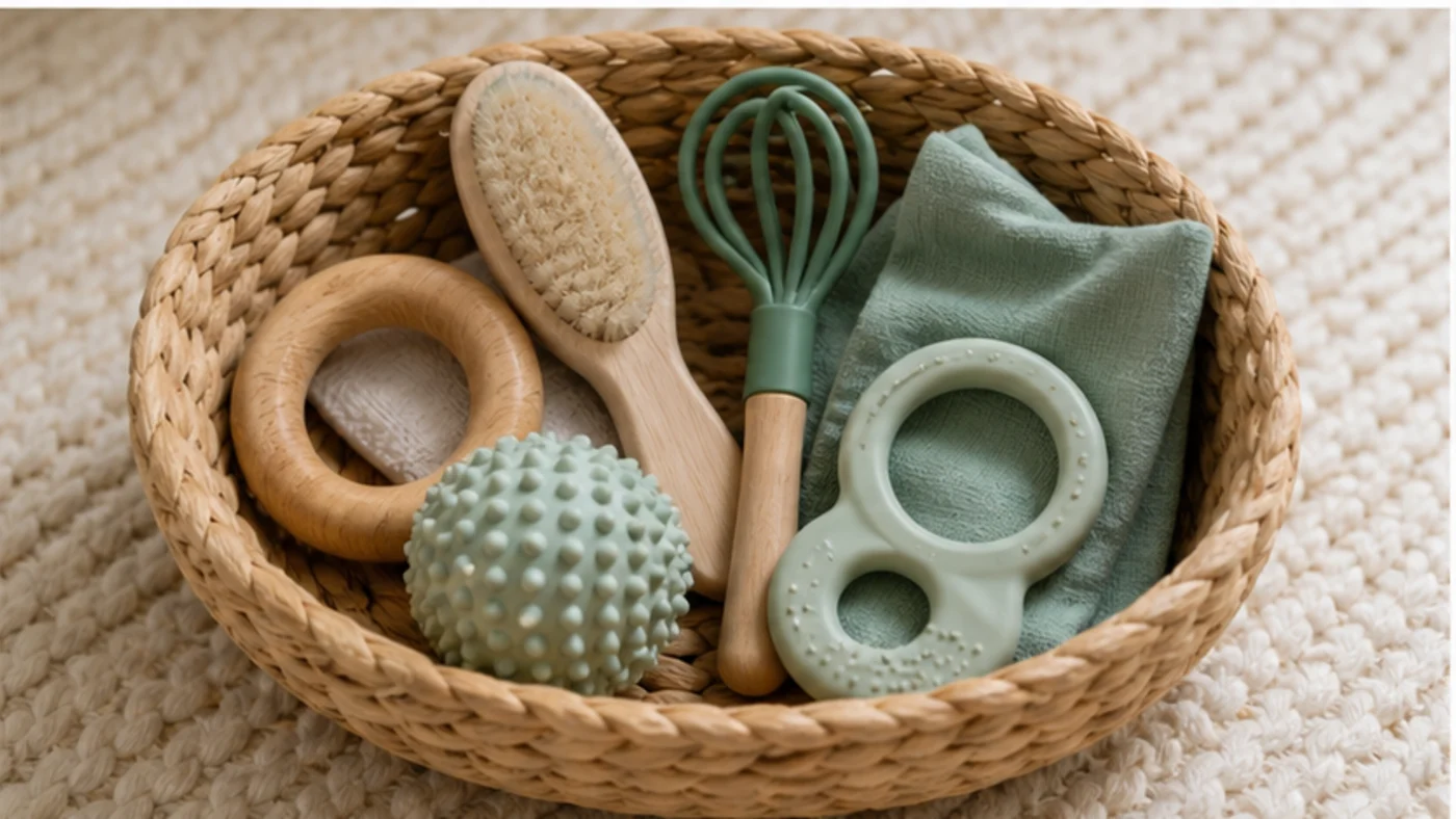 A Montessori treasure basket for a 6-9 month baby with safe large household objects and sensory materials