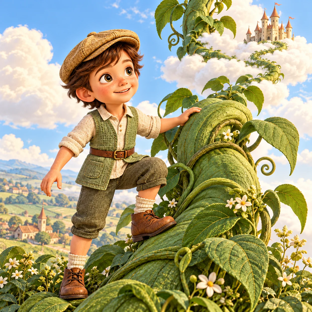 Cover of Jack and the Beanstalk: Jack in a cap climbing a leafy beanstalk with a castle in the clouds behind him