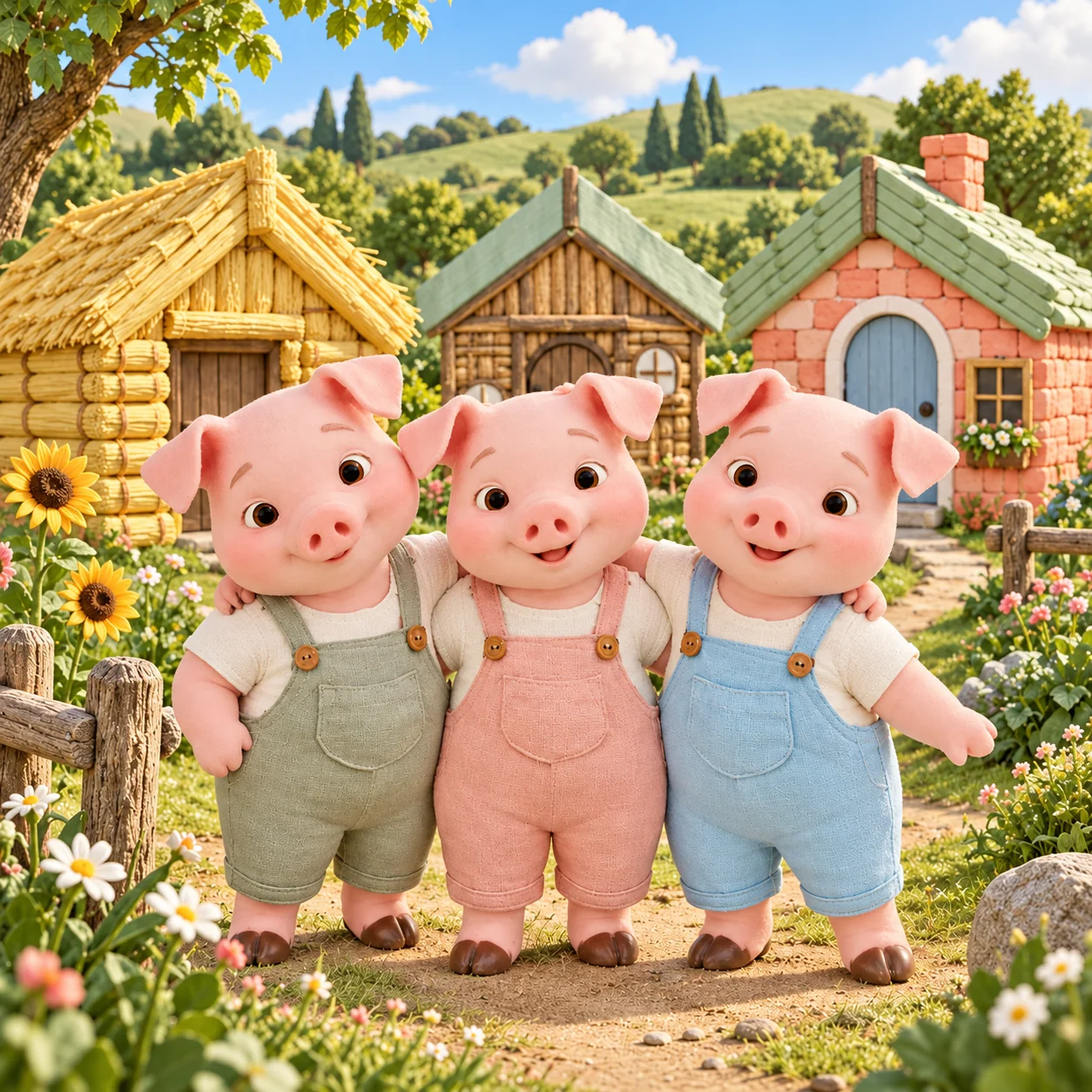 Cover of The Three Little Pigs: three pigs in overalls standing in front of their straw, stick and brick houses