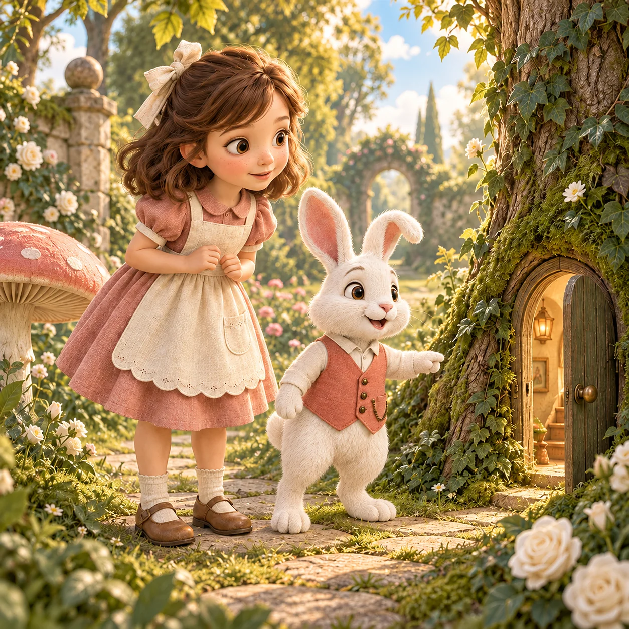 Cover of Alice's Adventures in Wonderland: Alice and the White Rabbit beside a tiny door in a tree