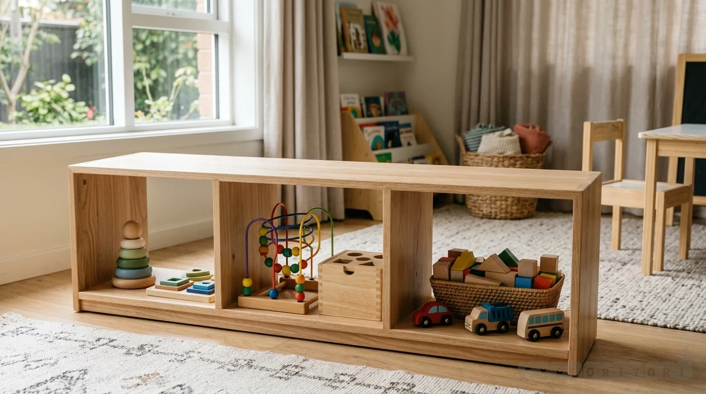 Balda Montessori por edades con materiales de construcción, clasificación y juego abierto