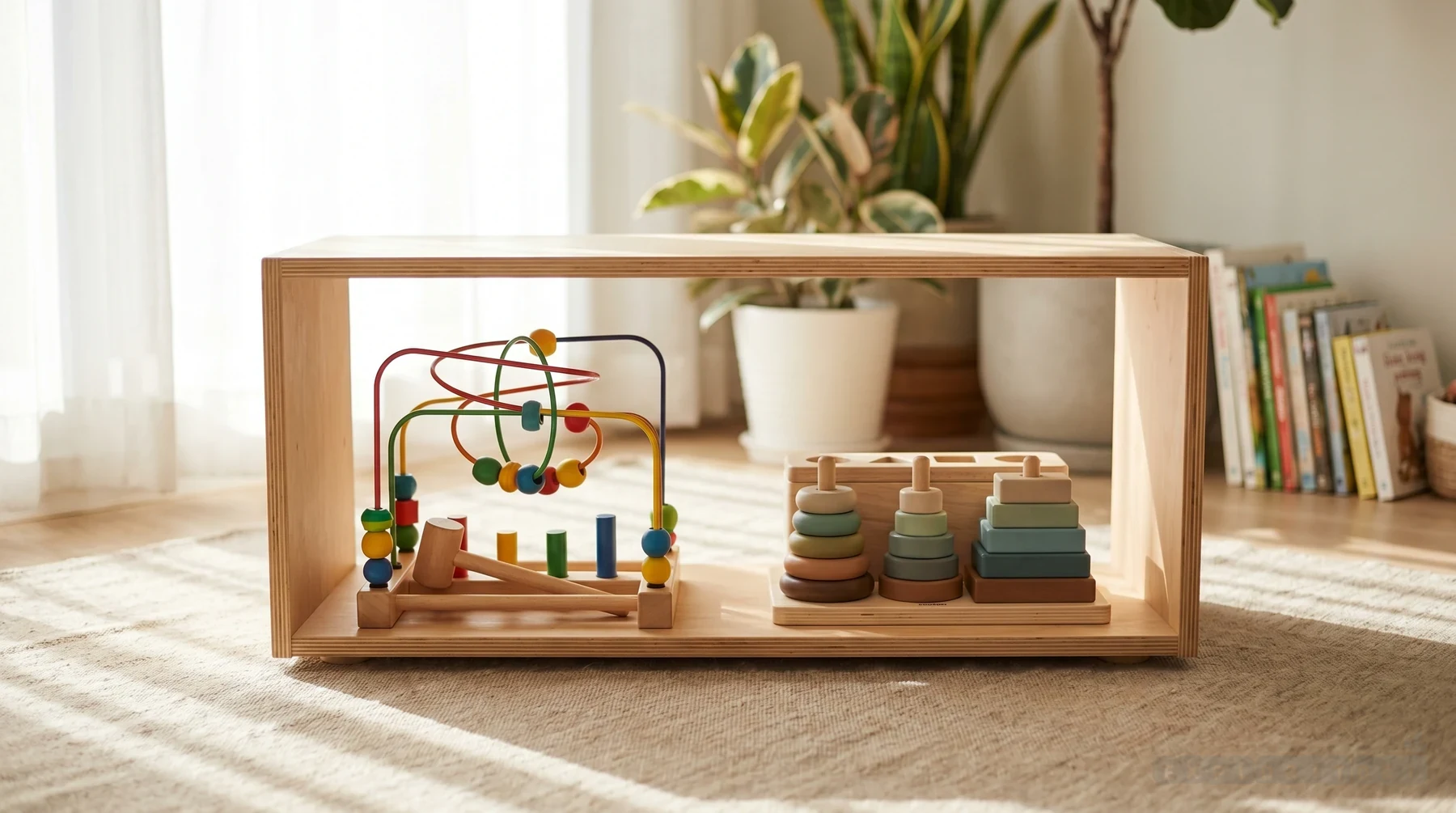 Juguetes de estilo Hape y PlanToys colocados lado a lado en una balda Montessori