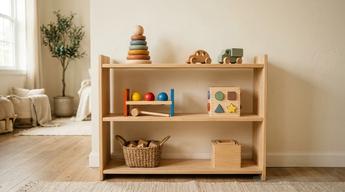 A calm Montessori shelf with a few practical materials, wooden toys, baskets, and natural light
