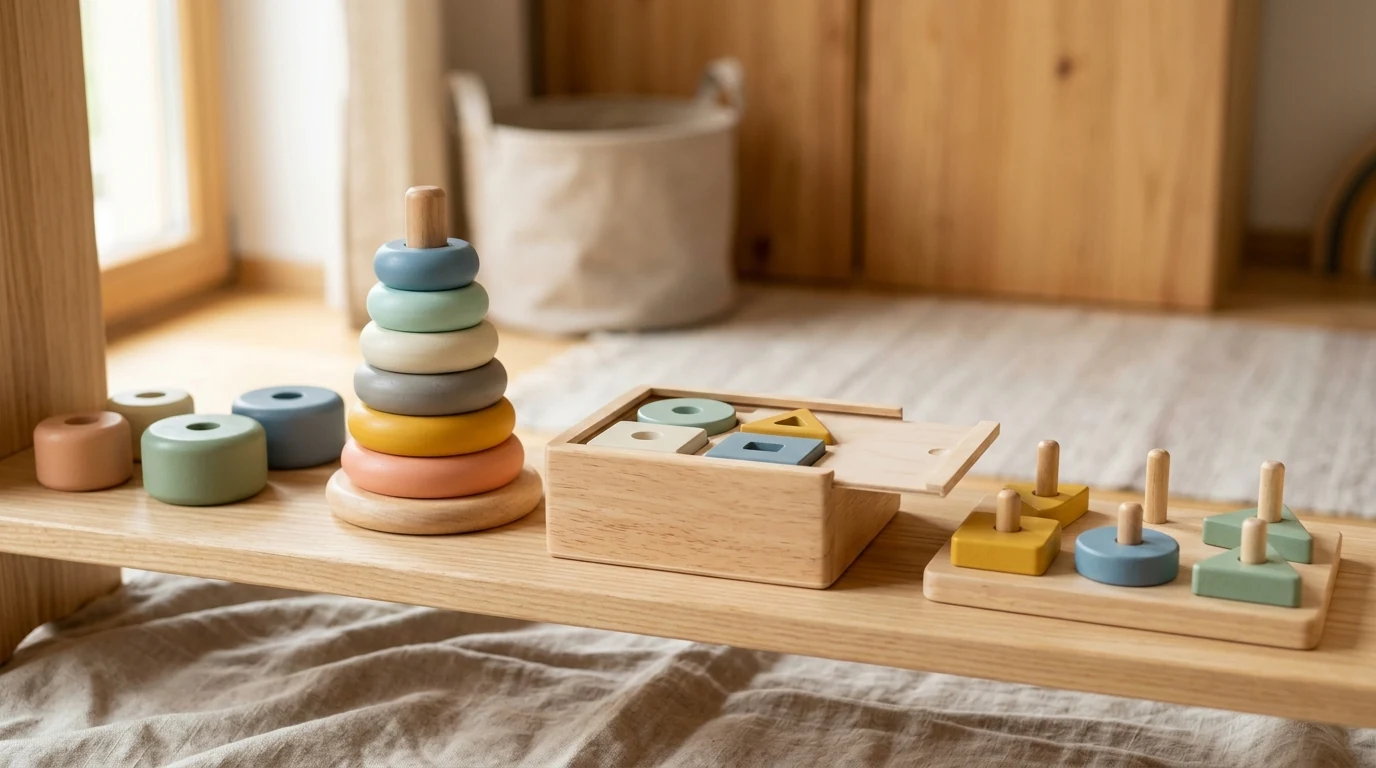 Detalle de juguetes de madera de tonos suaves, más cerca del estilo PlanToys