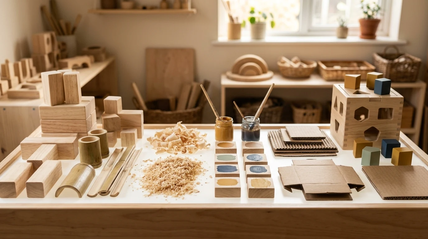 Natural wood, sawdust, cardboard, and water-based paint materials arranged for a wooden toy sustainability comparison