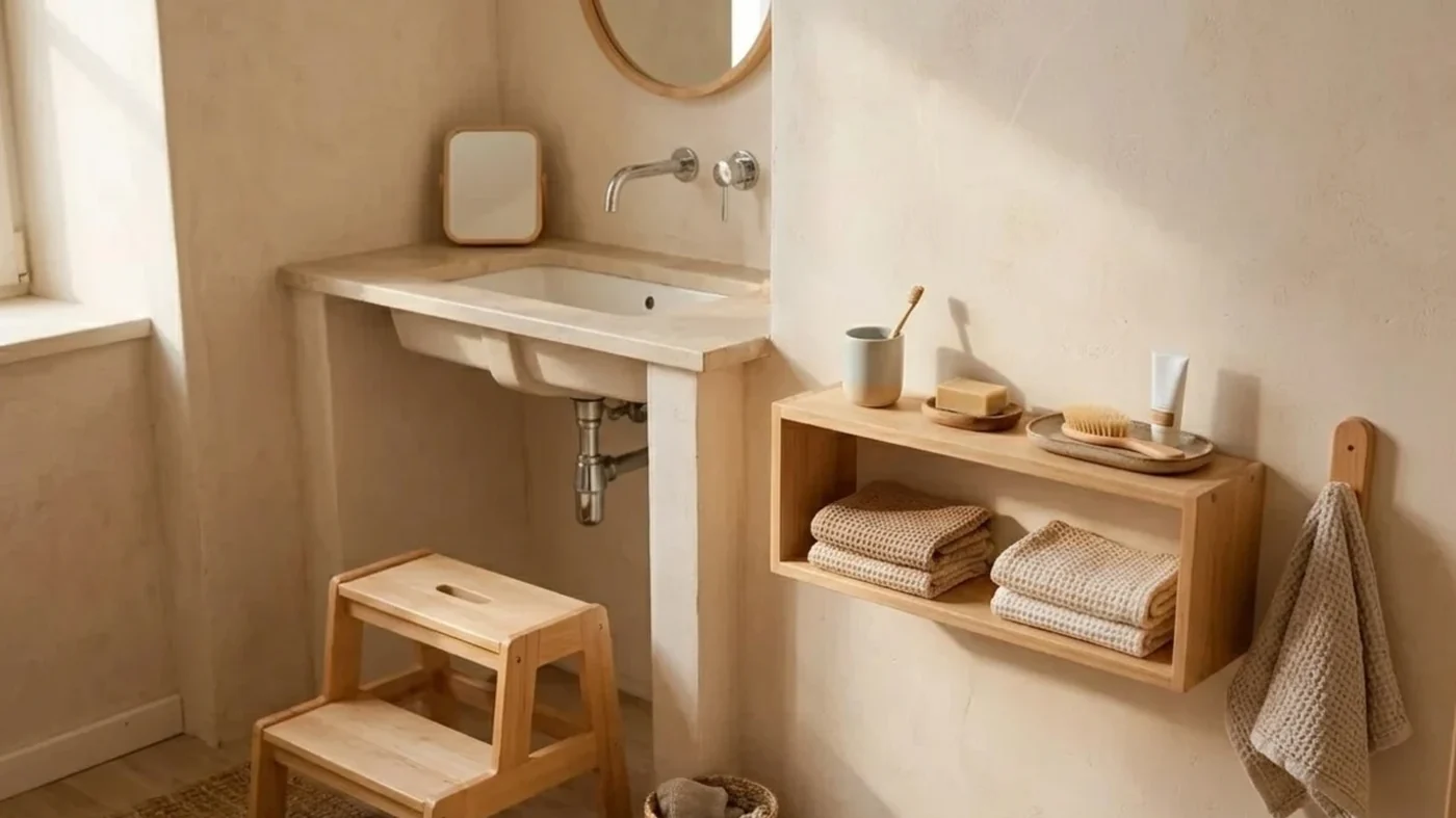 Baño accesible para niños pequeños, con taburete y materiales de rutina al alcance