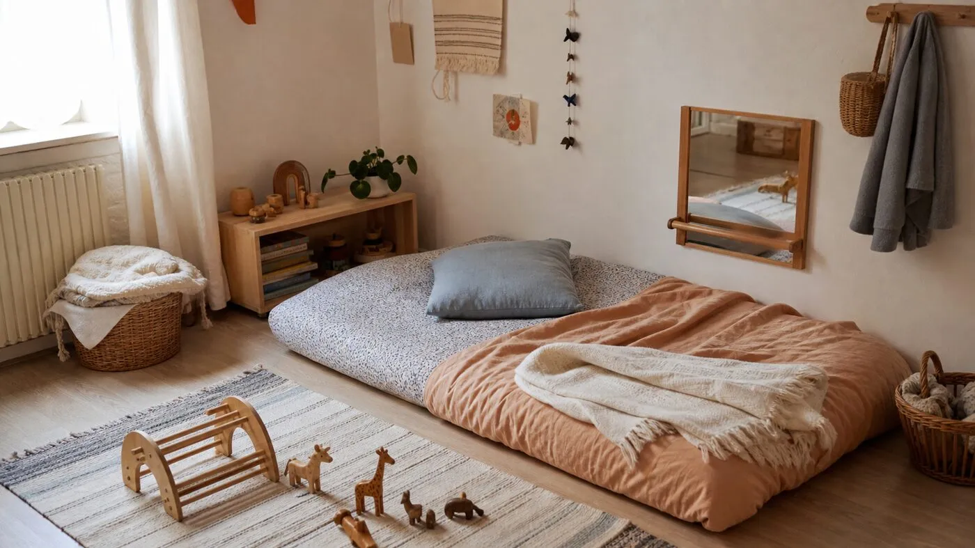 Dormitorio infantil bajo y calmado con cama accesible, alfombra y almacenaje sencillo