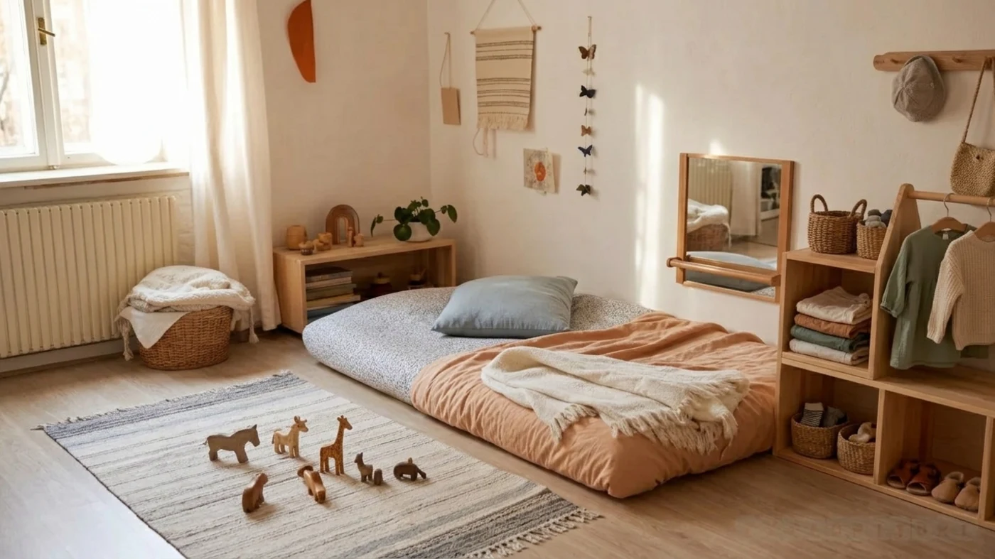 Dormitorio infantil tranquilo con cama baja, almacenaje accesible y textiles suaves