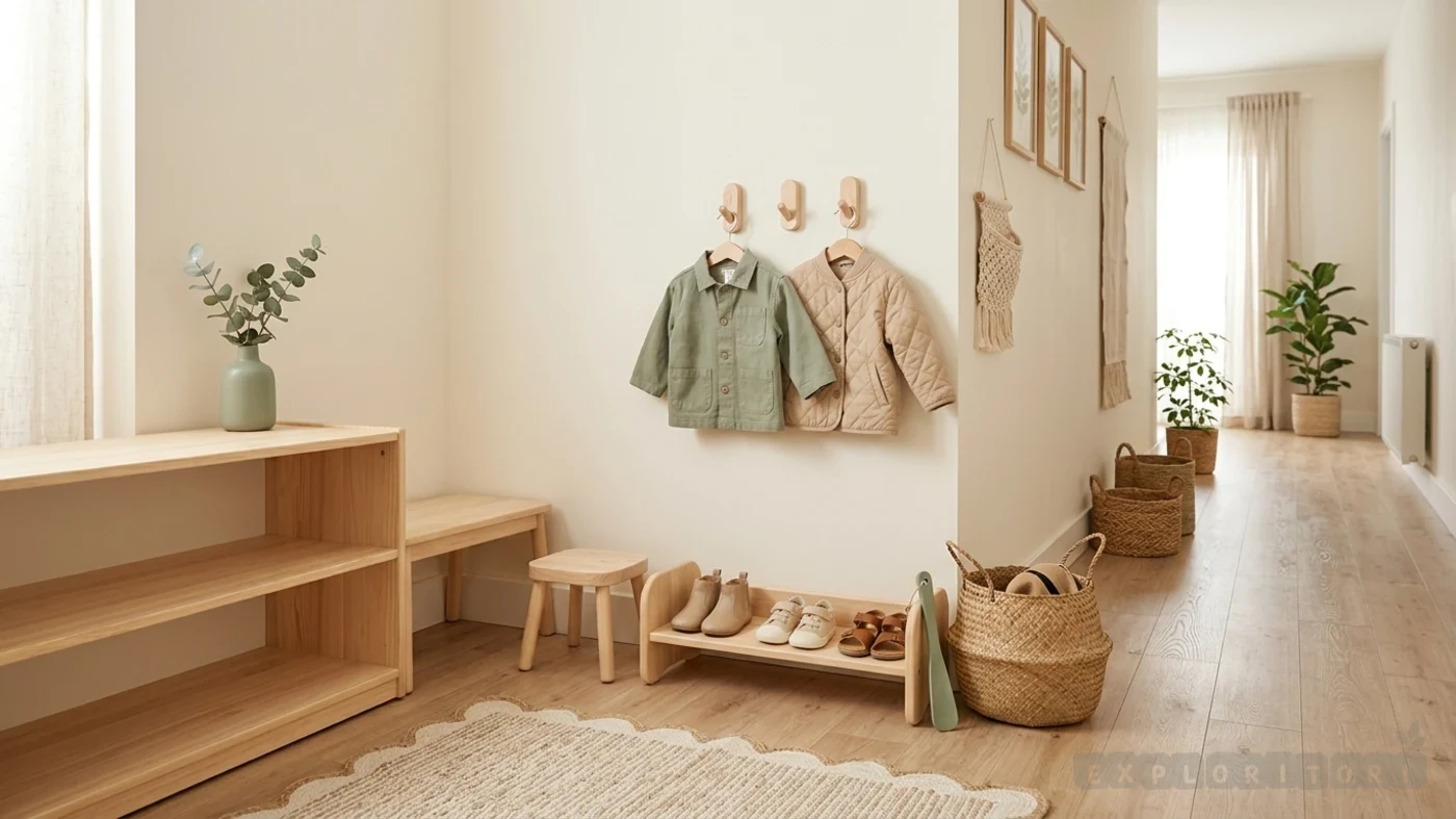 Entrada sencilla y zona baja con soluciones prácticas para una casa Montessori pequeña
