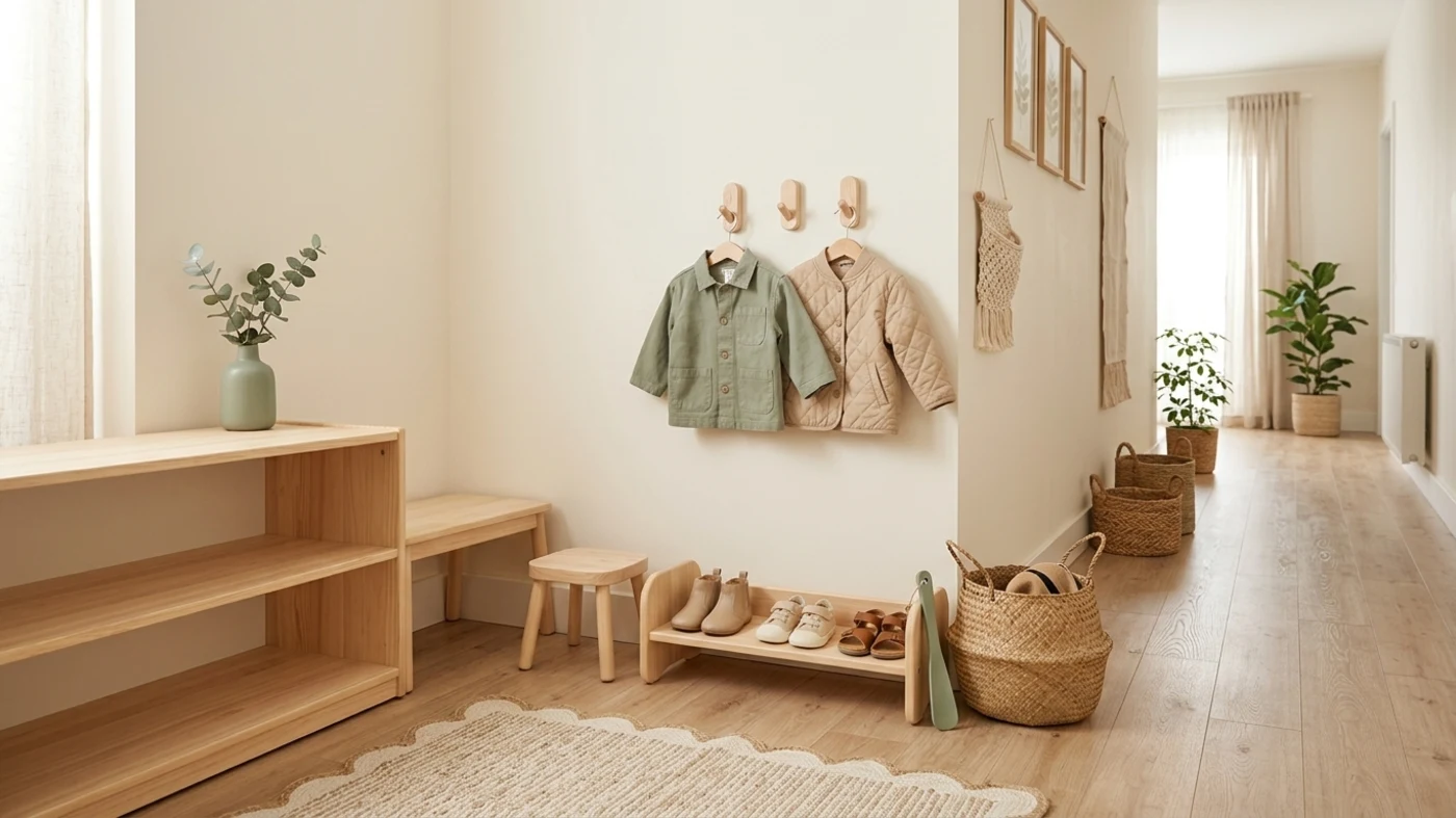 Child-height Montessori entryway setup with low hooks, shoe tray, and a small bench for getting ready independently