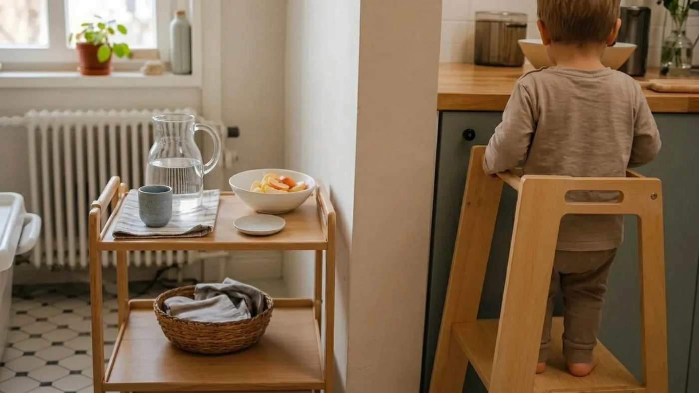 Niño pequeño trabajando en la cocina con apoyo Montessori y materiales accesibles
