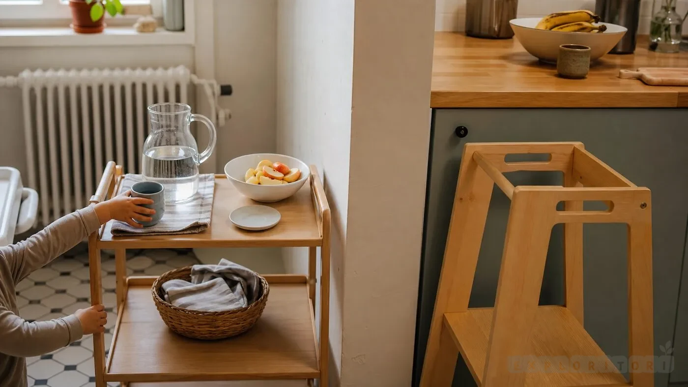Apoyo Montessori en cocina con taburete estable y materiales accesibles
