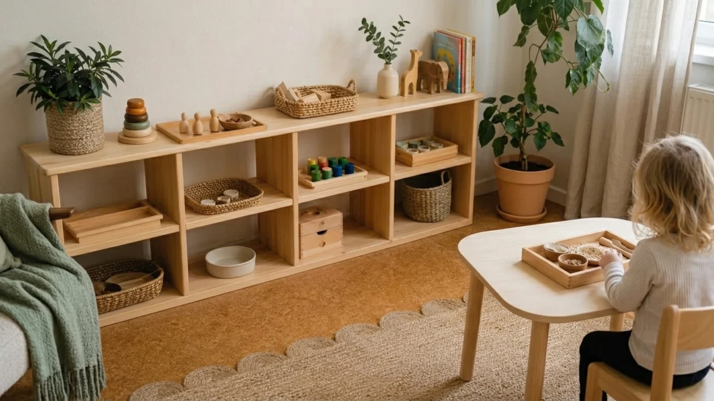 Estantería Montessori sencilla con menos opciones y materiales más tranquilos