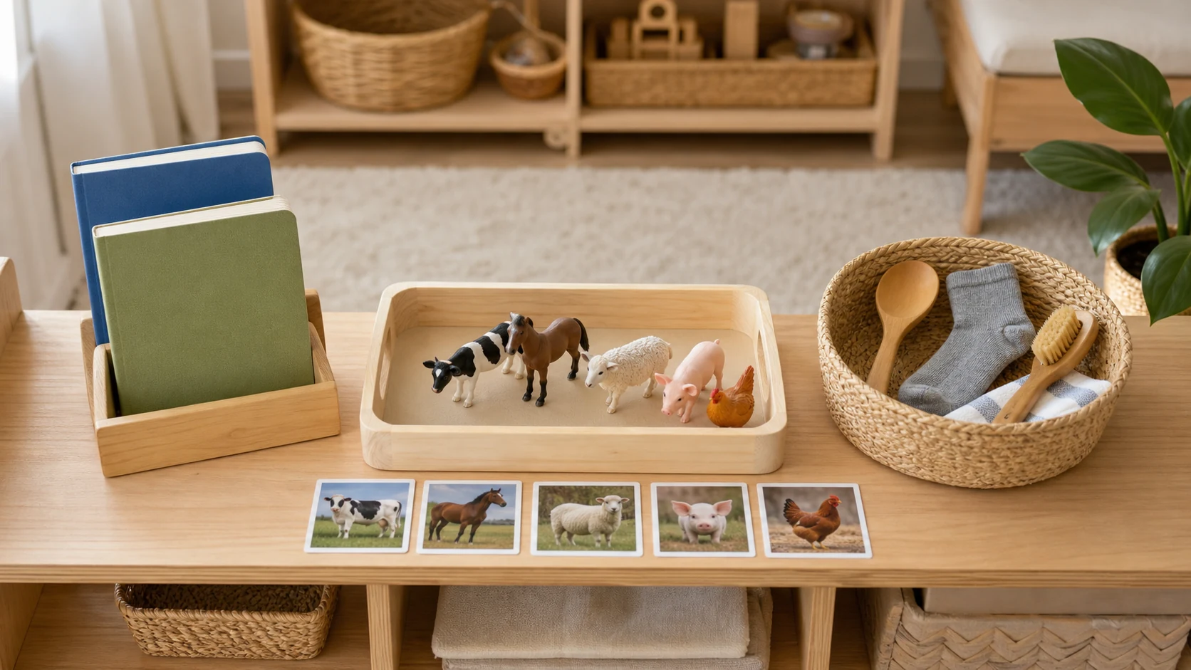 Balda tranquila de lenguaje Montessori con objetos reales, tarjetas e imágenes claras