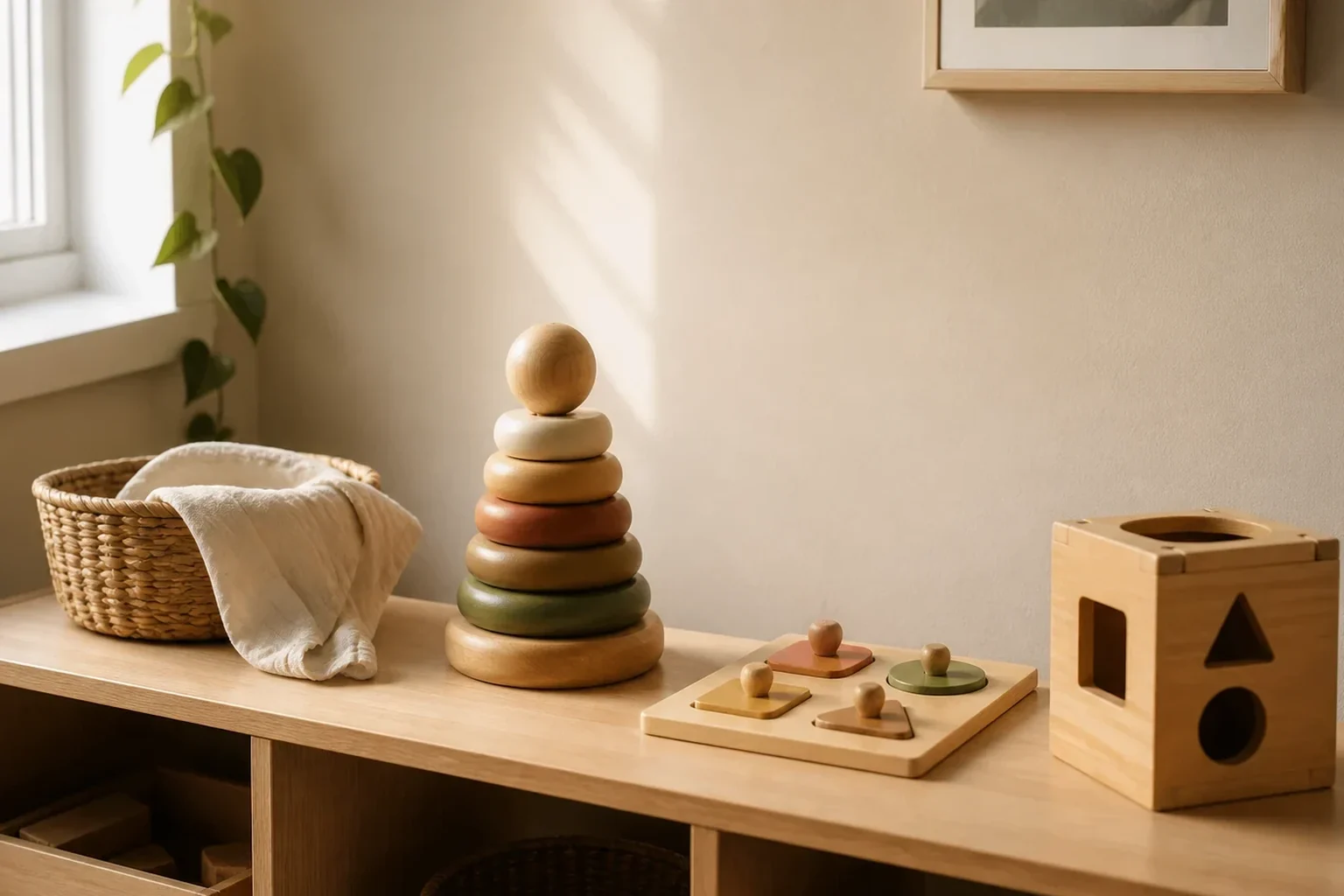 Una balda baja con una selección pequeña e intencional de materiales de estilo Montessori para niños pequeños