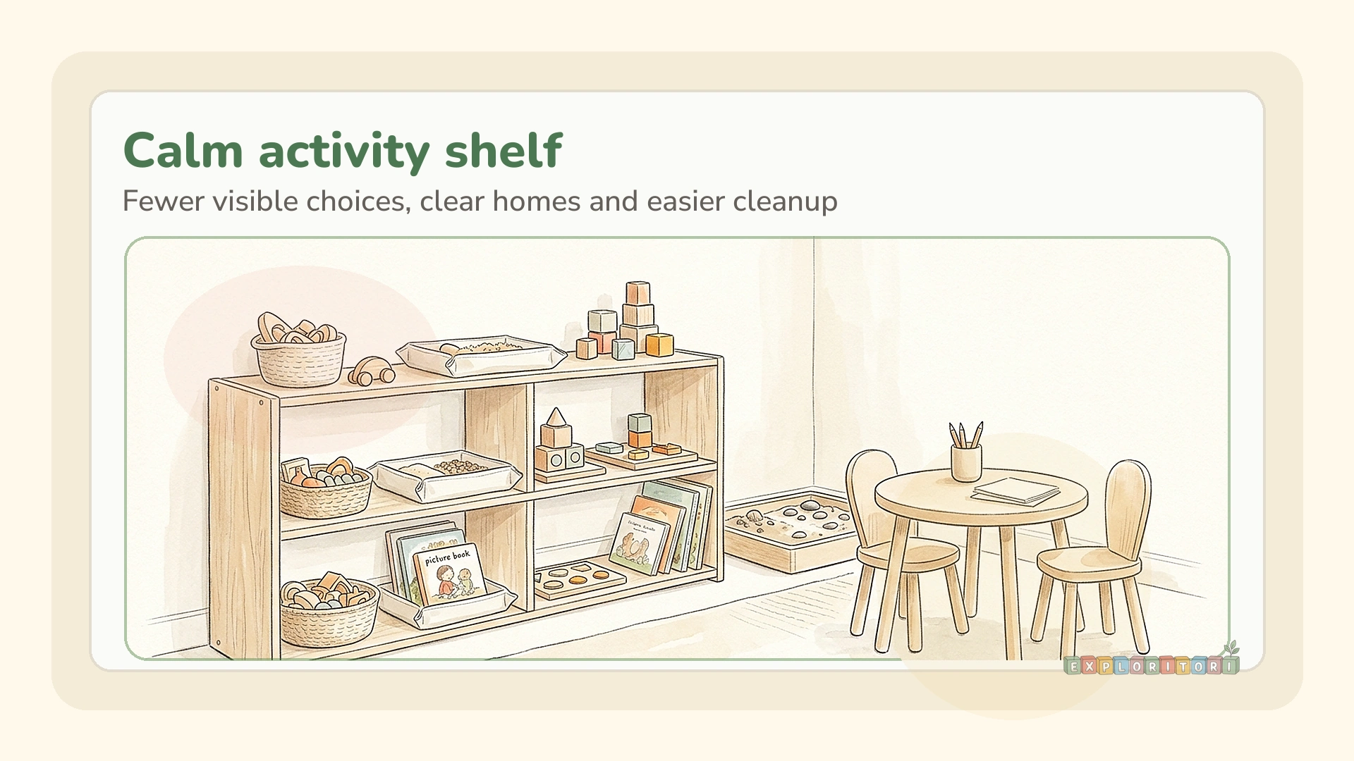 Exploritori Supracolor-style card showing a calm Montessori activity shelf with trays, baskets, books, and child-sized work space