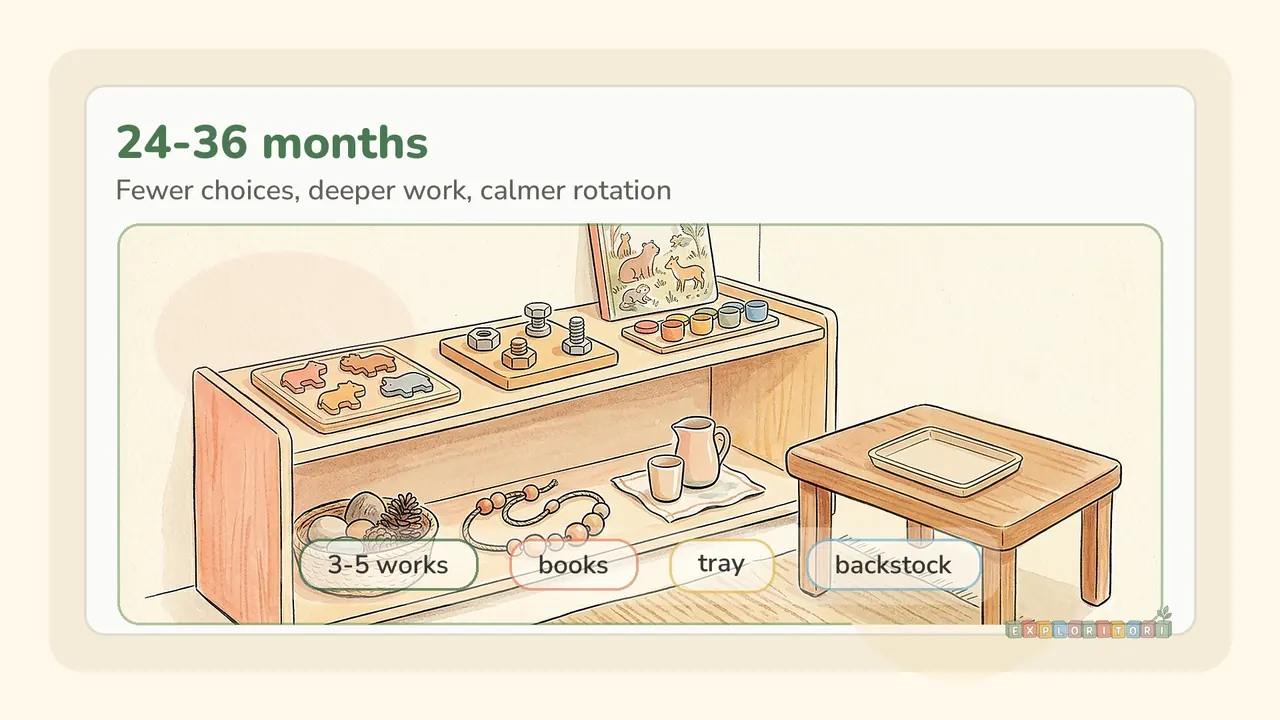A rotated Montessori shelf for older toddlers with a few purposeful activities available