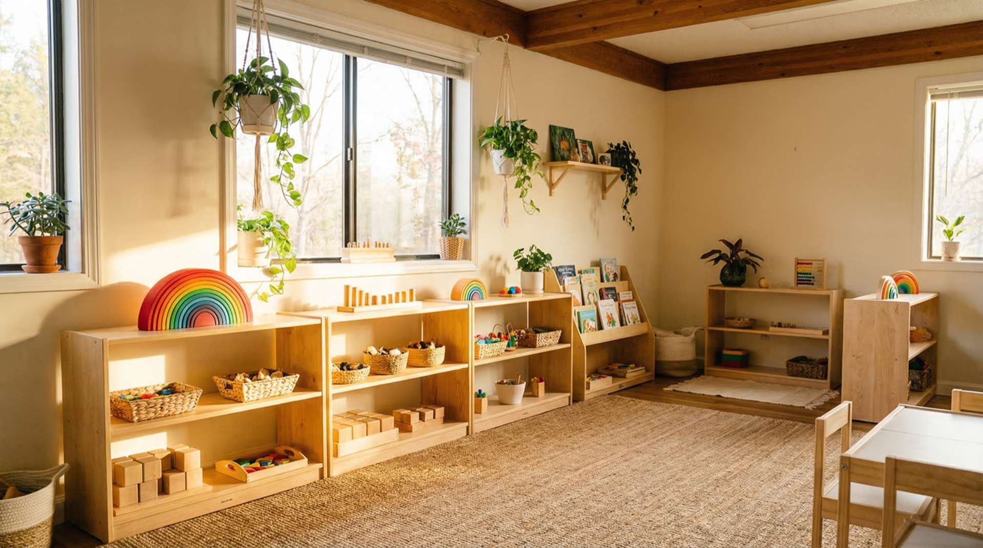 Warm Montessori classroom with wooden shelves, plants, and golden sunlight