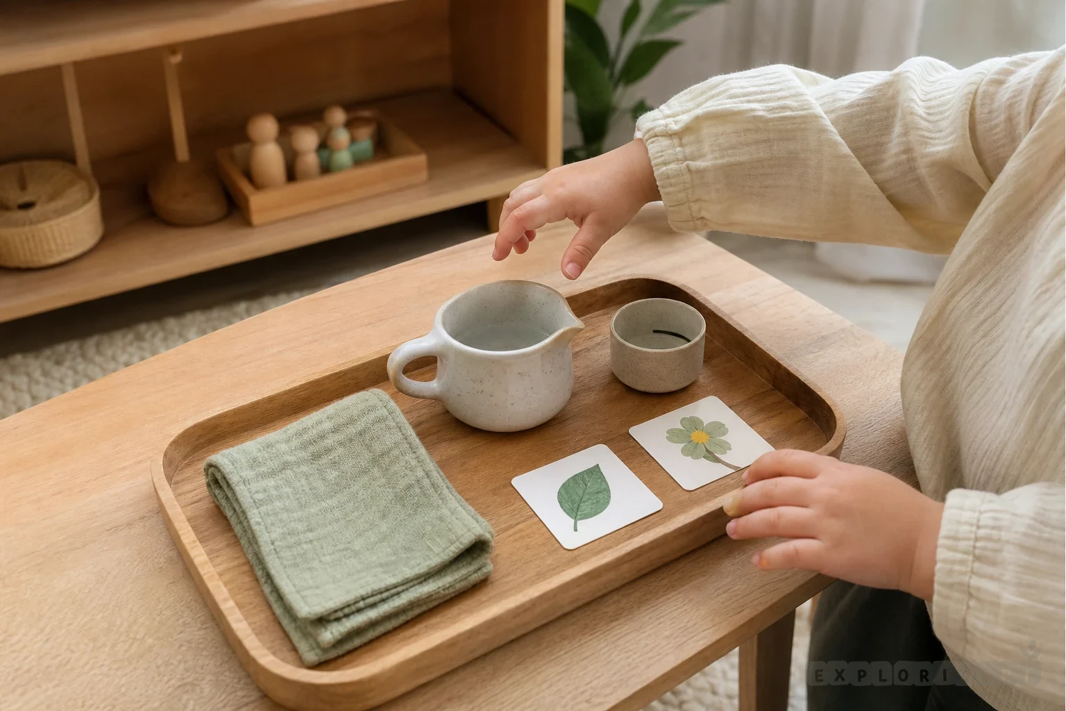 Niño pequeño usando una actividad de vida práctica en una mesa baja con materiales sencillos
