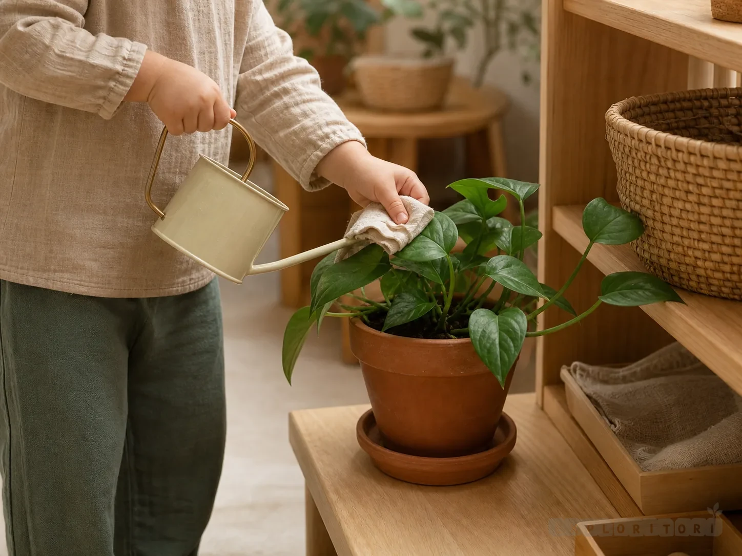 Niño pequeño cuidando una planta con una regadera pequeña