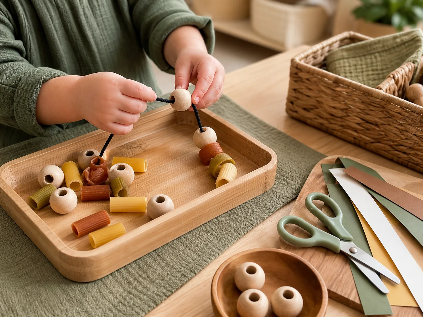 Niño pequeño ensartando cuentas grandes y pasta en una bandeja Montessori