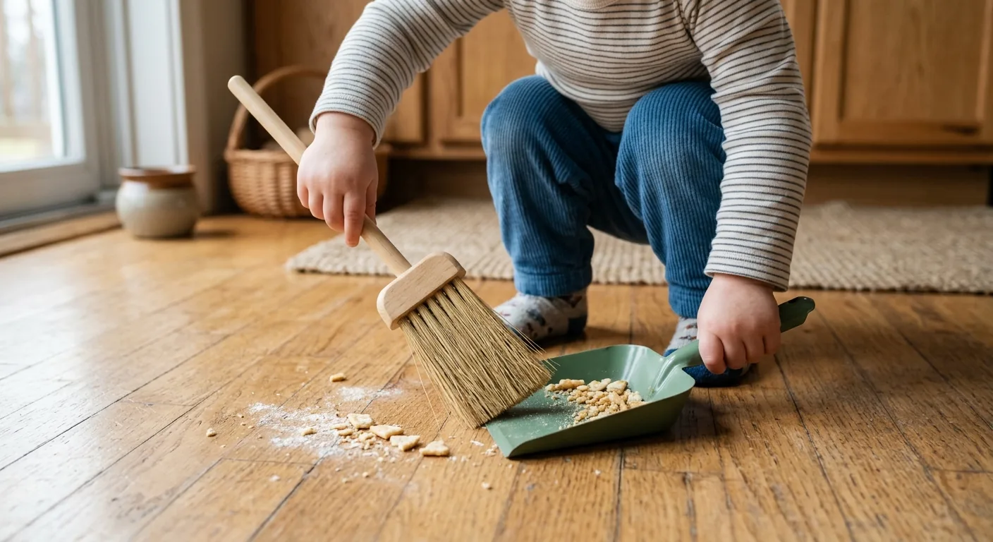 Niño pequeño barriendo migas con una escoba y recogedor de tamaño infantil
