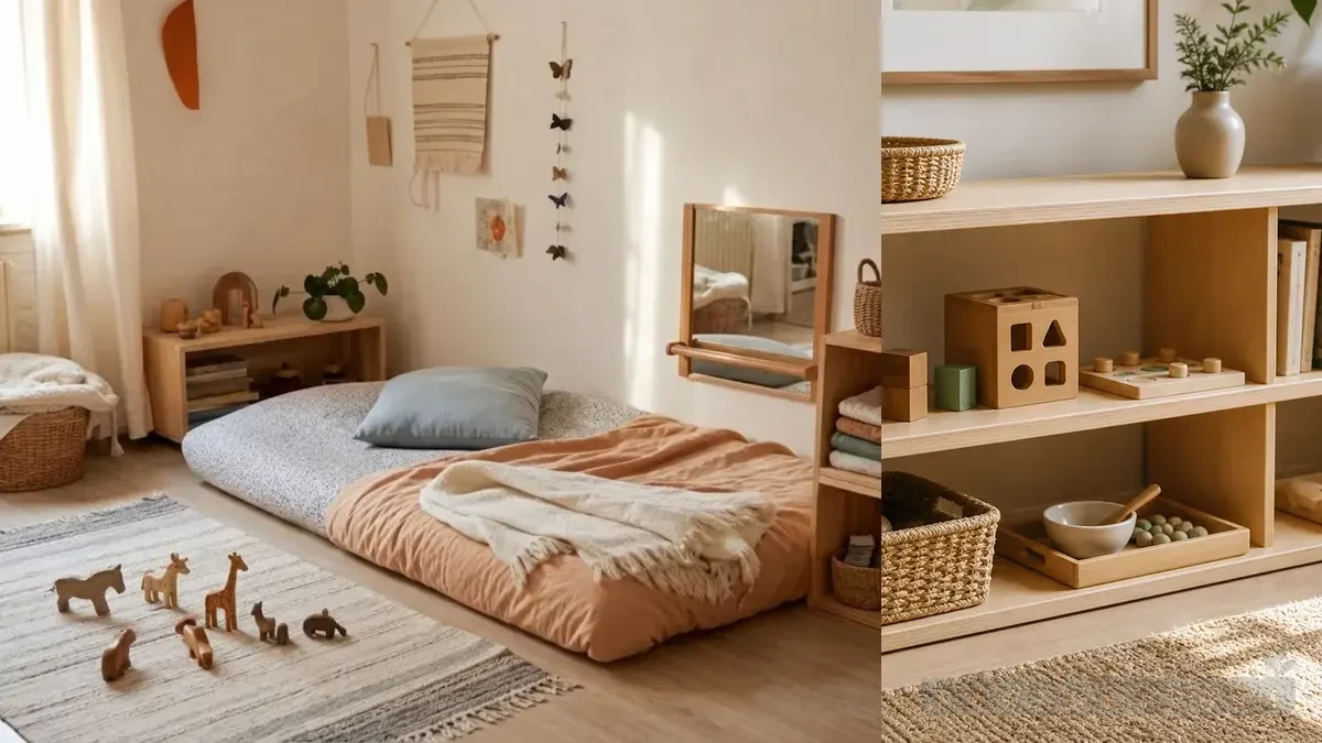 Cama Montessori en el suelo con estructura baja, colchón firme y ambiente calmado