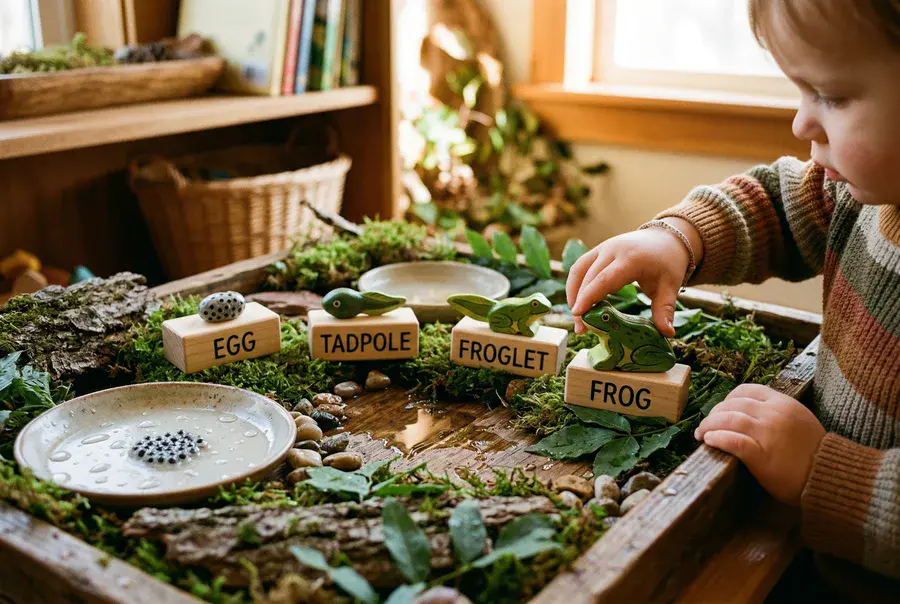 Toddler hands arranging frog life cycle figures on a Montessori nature tray with moss and water elements