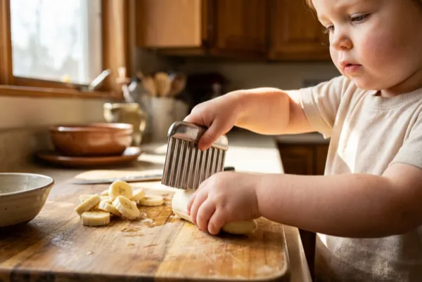 Child using a crinkle cutter to cut soft fruit on a wooden cutting board