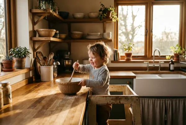 Toddler on a learning tower stirring a bowl with a wooden spoon