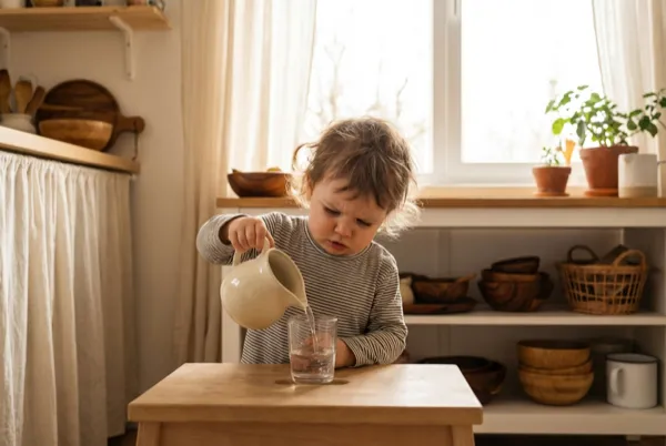Toddler pouring water from a small pitcher into a glass