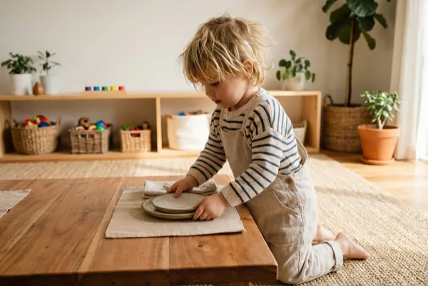 Child setting a table with small plates and napkins, Montessori style
