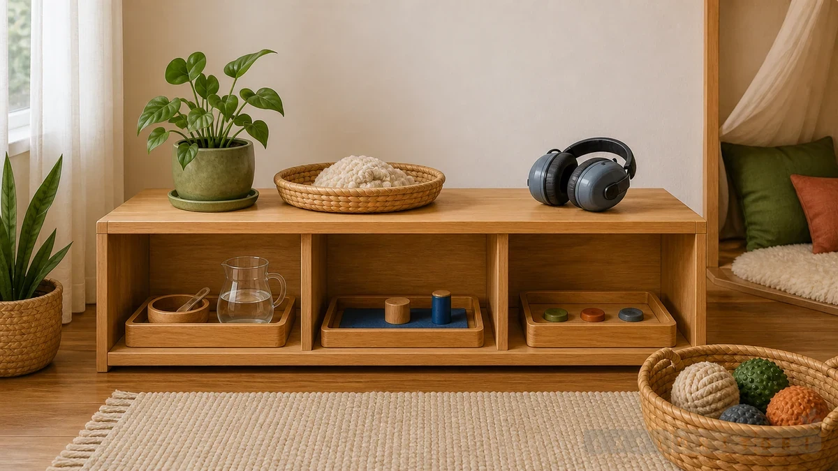 A calm Montessori shelf with a quiet retreat and simple sensory tools for regulation