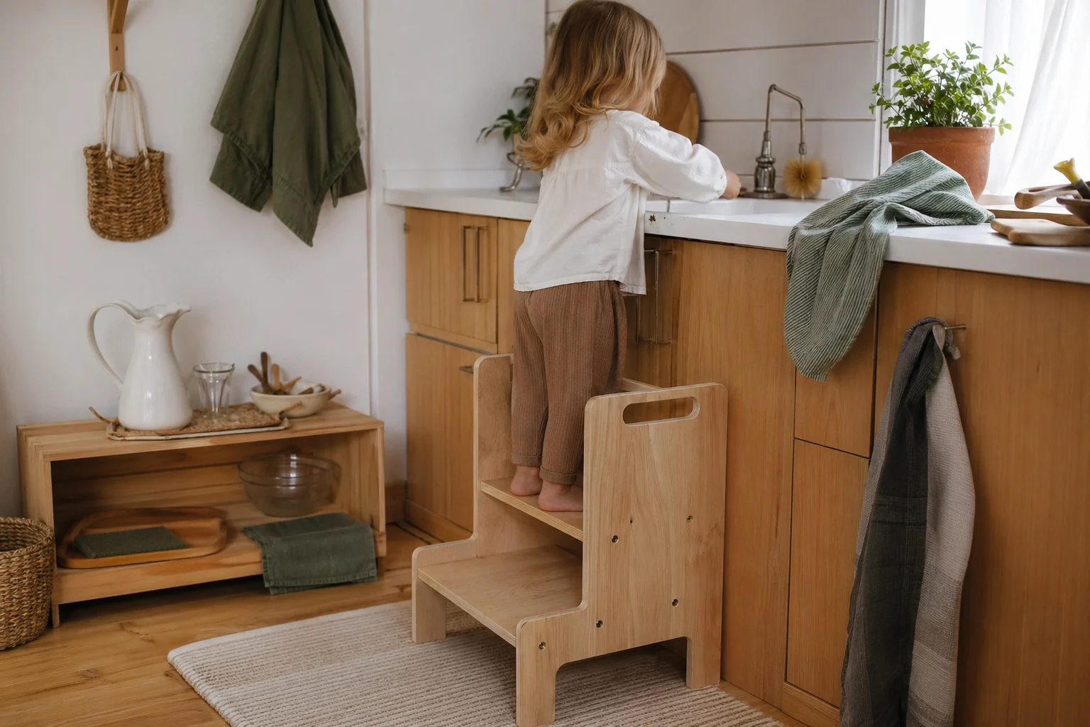 Budget-friendly Montessori kitchen setup with a toddler step stool, small pitcher, and child-accessible practical life tools