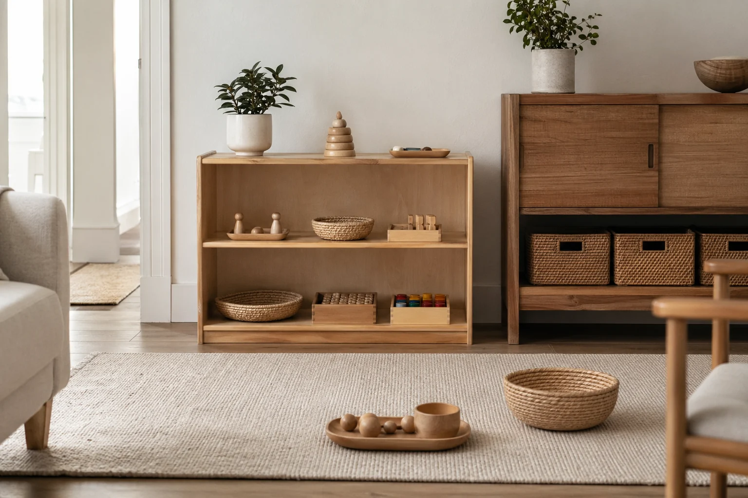 Toy rotation storage using simple baskets in a small home