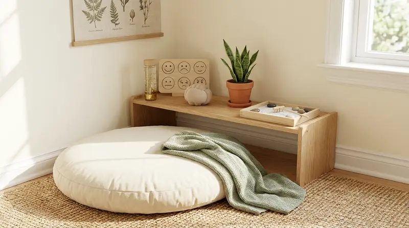 A cozy Montessori peace corner with soft cushion, feelings board, glitter bottle, and sensory materials