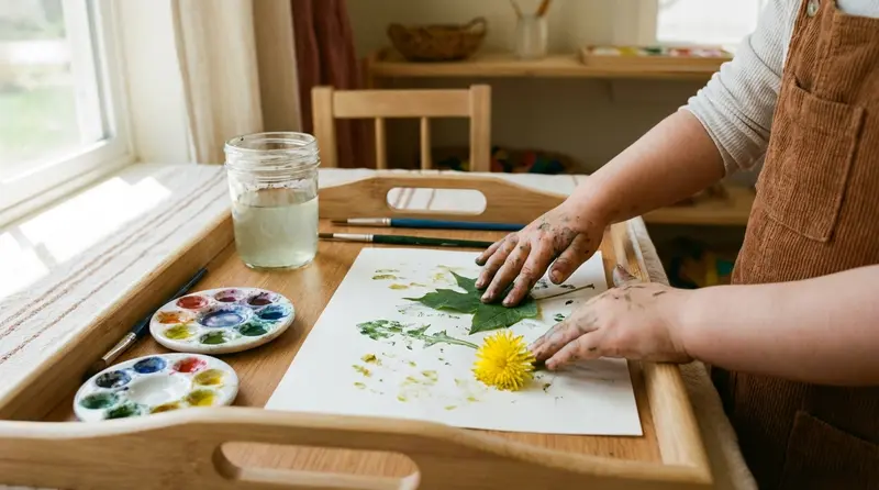 Child's hands pressing a leaf onto paper to make a print, paint on wooden tray, spring light
