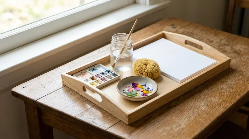 Prepared Montessori art tray with watercolours, glass jar, petals and leaves on a wooden surface