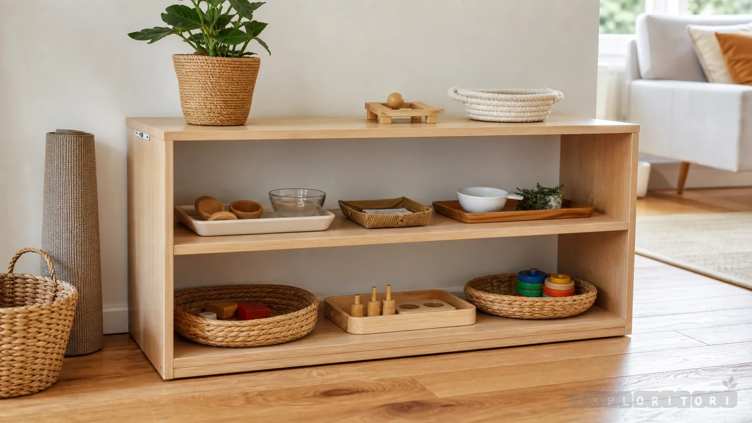 Low Montessori shelf with trays, baskets, and a work mat prepared for toddler independence