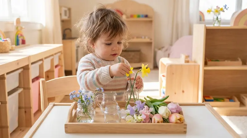Toddler doing a Montessori flower arranging activity with spring flowers