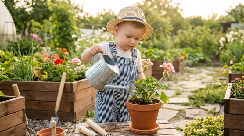 Toddler watering a small potted plant with a child-sized watering can