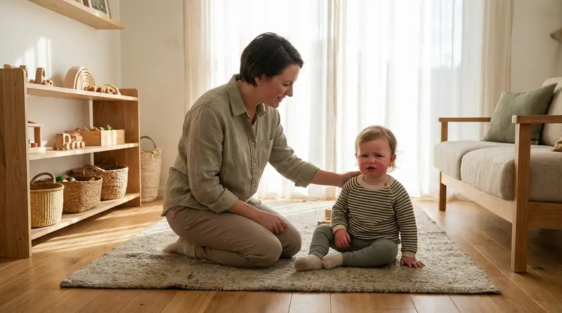 A parent kneeling calmly at toddler eye-level, responding with empathy during a difficult moment