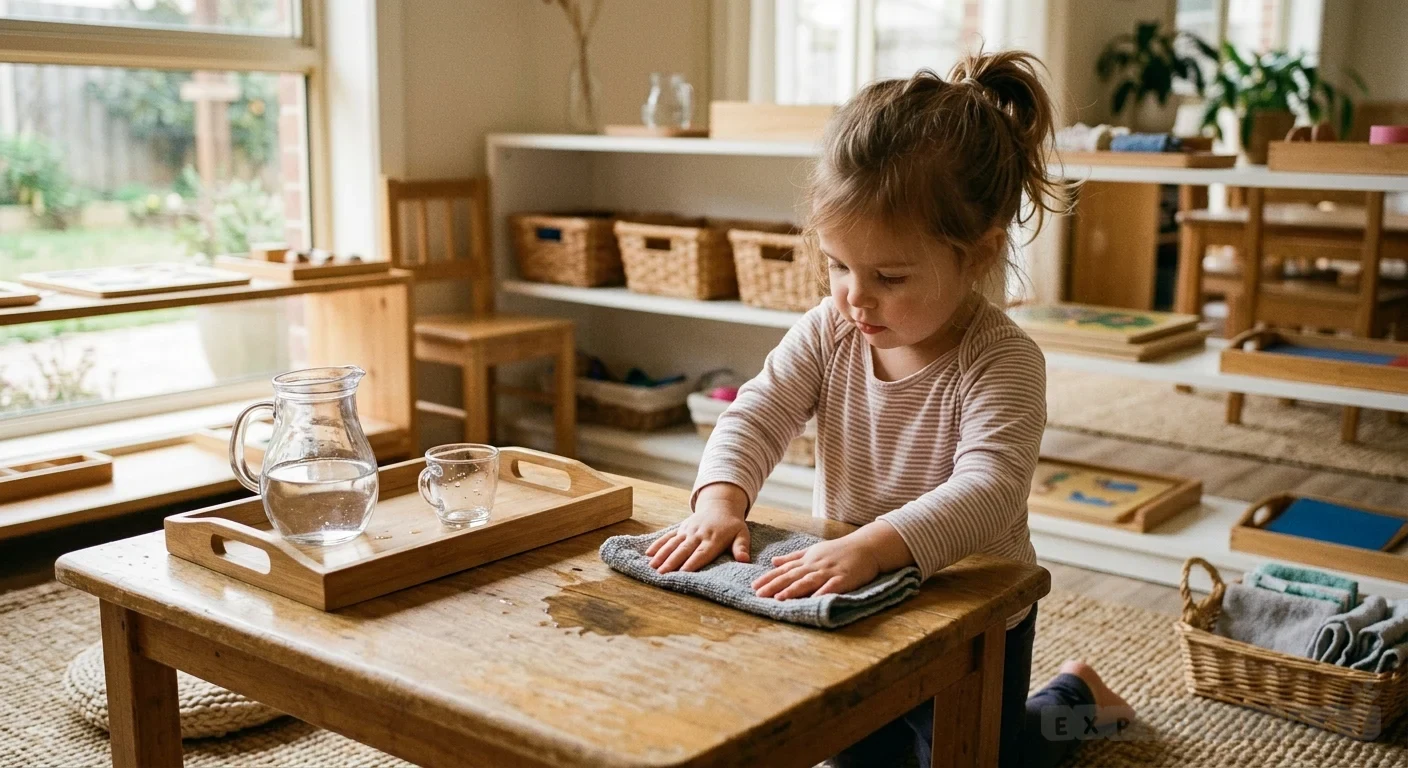 Actividad Montessori de vida práctica con agua y limpieza sencilla