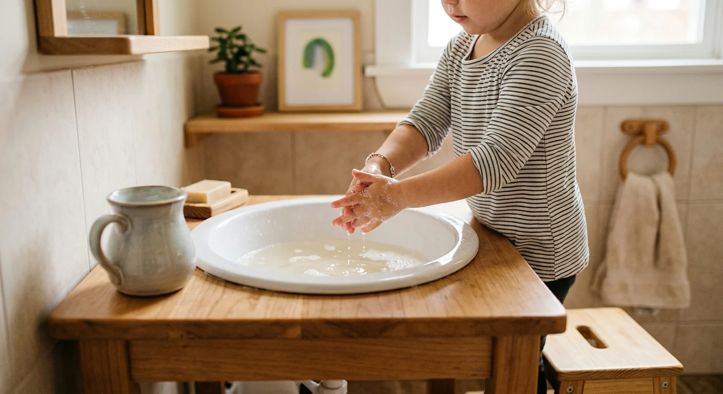 Lavado de manos Montessori con agua, jabón y herramientas de limpieza al alcance