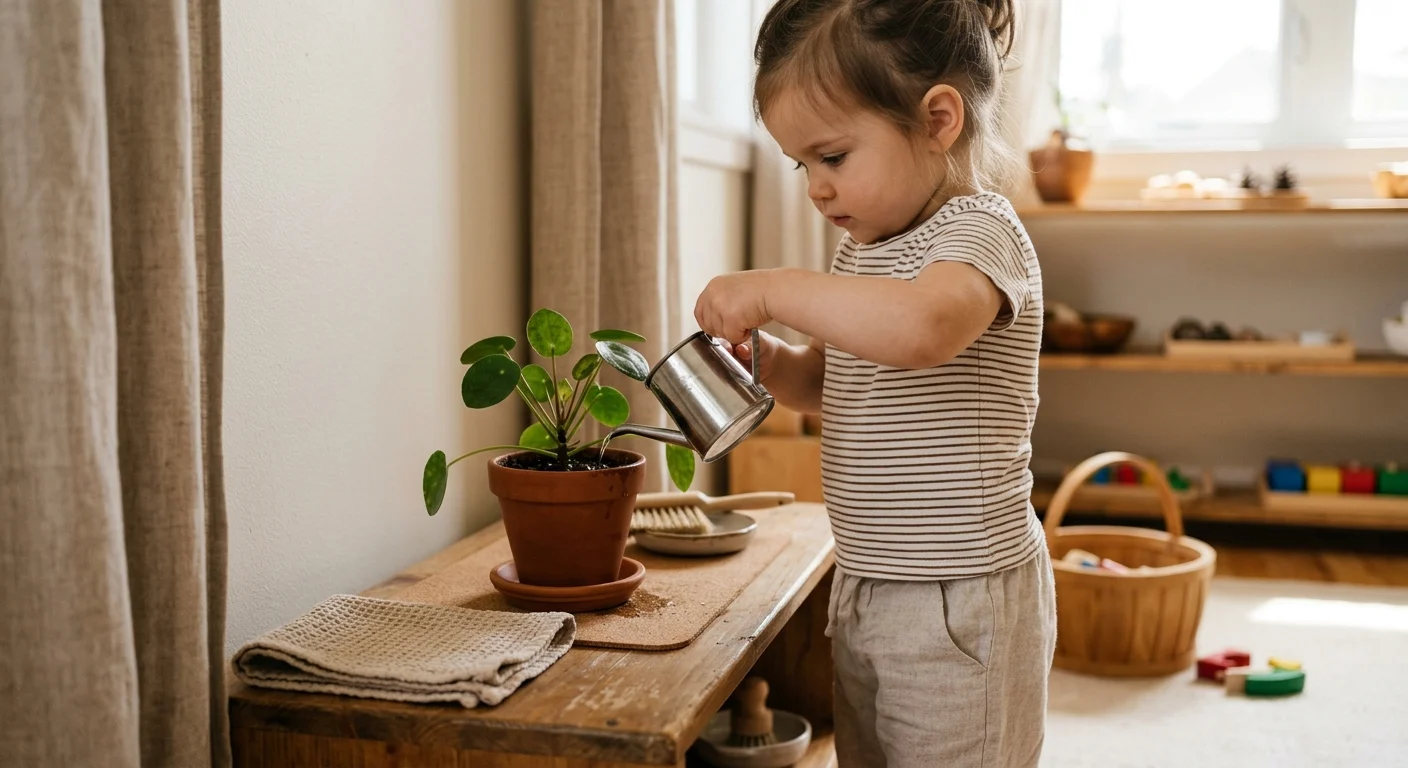 Niño cuidando plantas como actividad Montessori de vida práctica