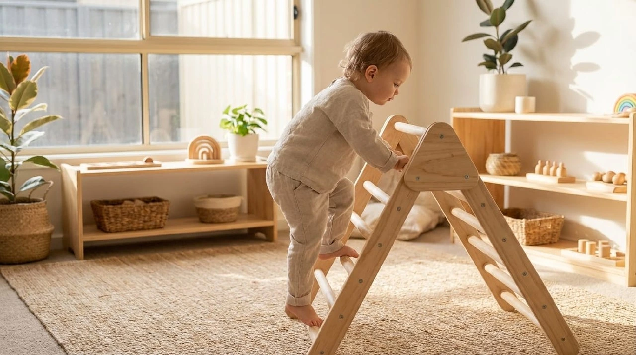 Pikler triangle in a Montessori-style playroom with a toddler climbing on natural wood rungs