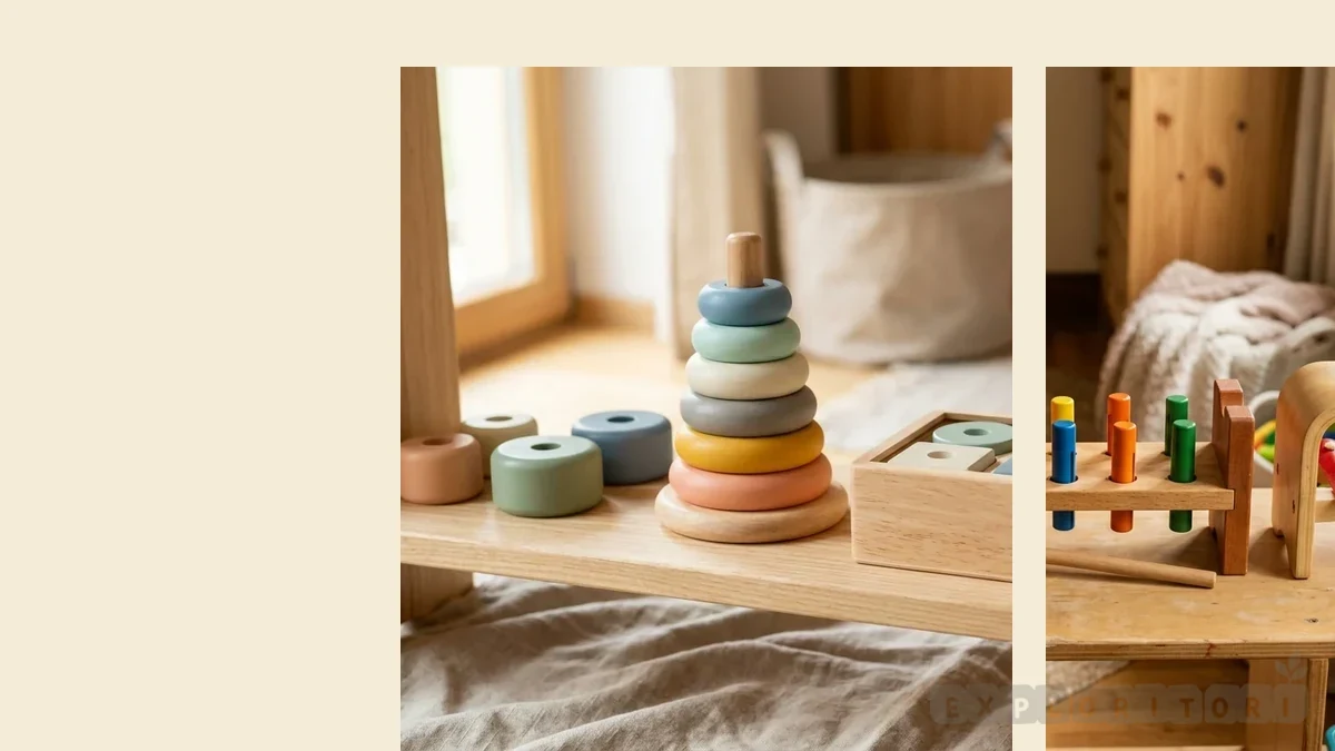 Wooden Montessori toys on a simple toddler shelf